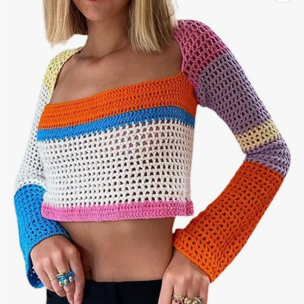 Amazon crochet color-block knit crop, size: S
